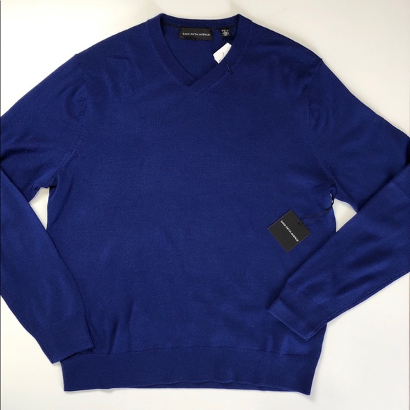 Saks Fifth Avenue Wool Blend Cobalt Blue V Neck Sweater - Picture 1 of 8